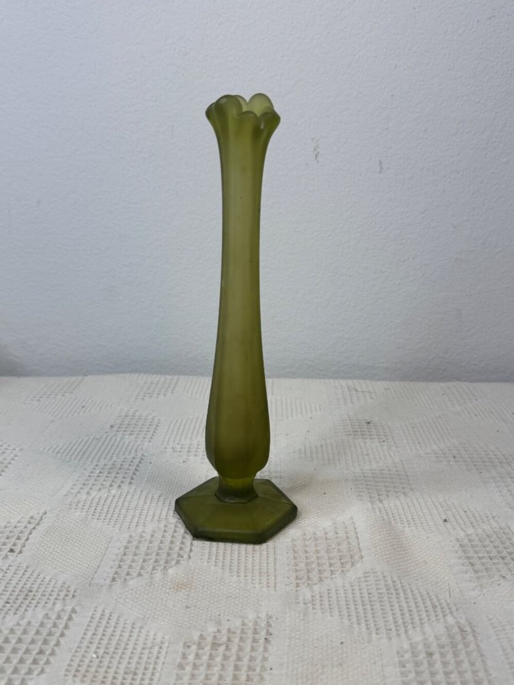 Vintage Westmoreland Satin Green Swung Bud Vase 1950s Hexagonal Base Fluted Rim
